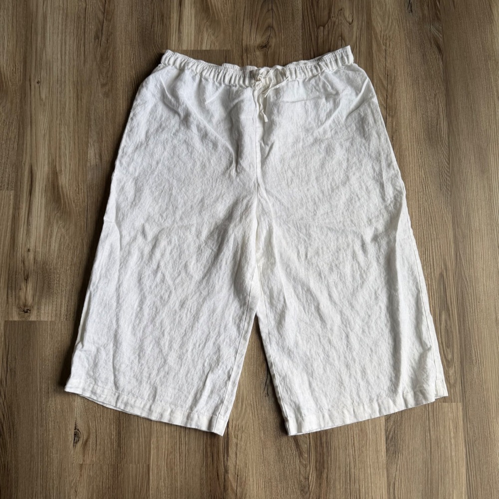 Vintage White 100% Linen Wide Leg Cropped Pants Culottes Gauchos Elastic Waist L